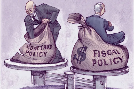 Fiscal Policy vs Monetary Policy Cartoon Cartoon illustration depicting the balance between fiscal policy and monetary policy, highlighting economic concepts
