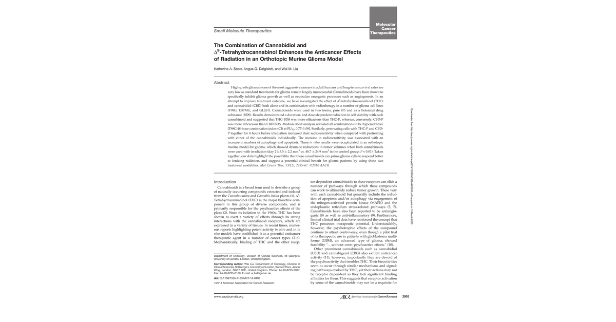 The Combination Of Cannabidiol And D9 Tetrahydrocannabinol Enhances The Anticancer Effects Of Radiation In An Orthotopic Murine Glioma Model