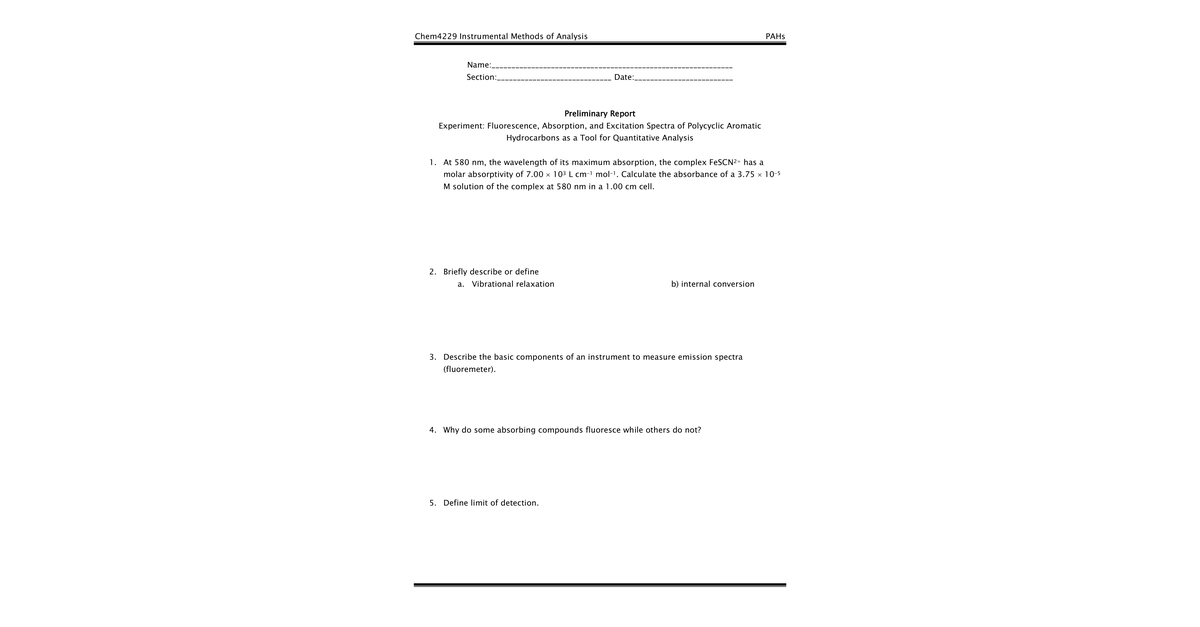 01 Fluorescence Of Polycyclic Aromatic Hydrocarbons Prelab Questions