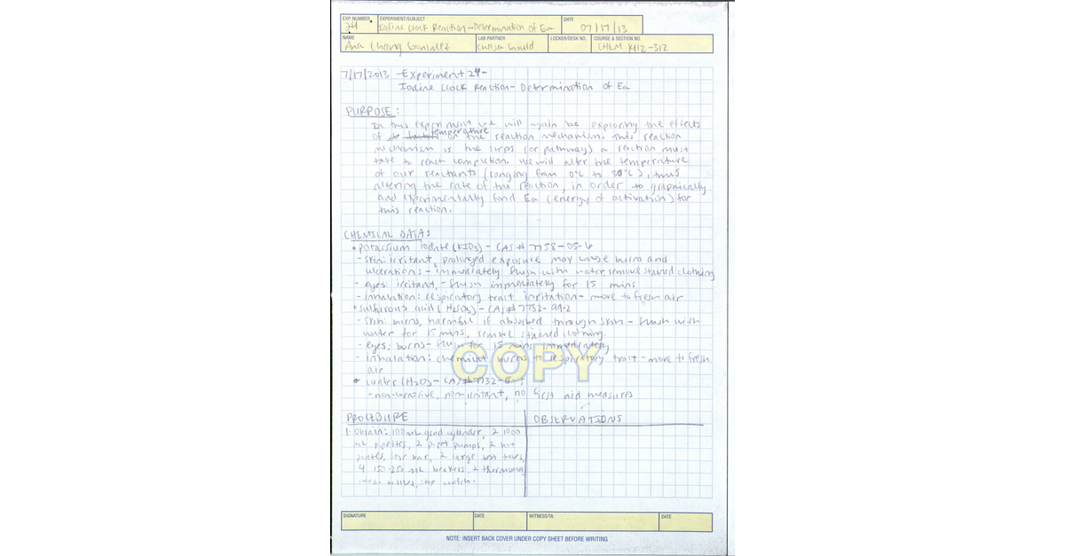CHEM 2425 Example Laboratory Notebook Determination Of Ea Chang Gonzalez