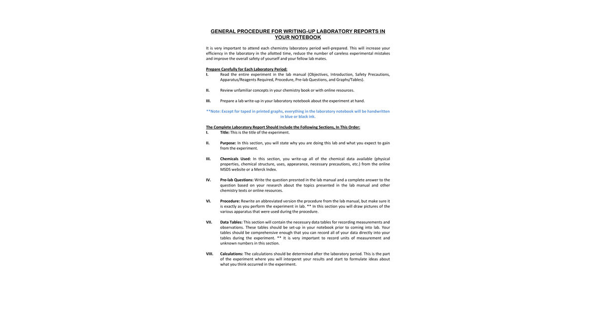 CHEM 2425 General Procedure For Laboratory Notebook Write Up