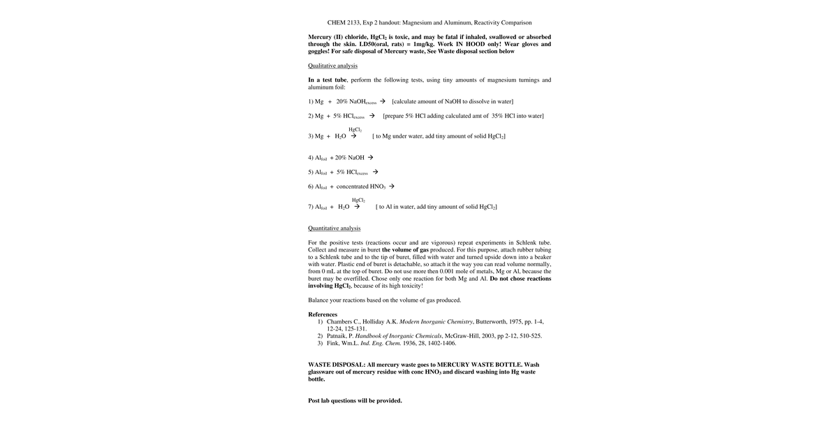 Exp 2 Handout Magnesium And Aluminum Reactivity Comparison