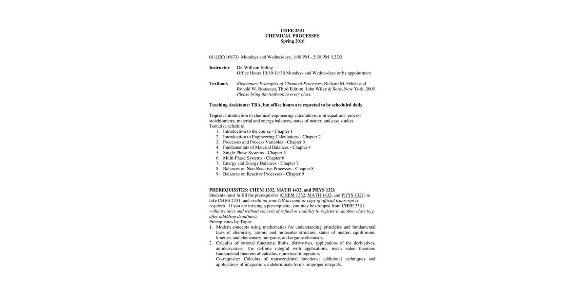 Syllabus CHEE 2331 Spring 2016 R2