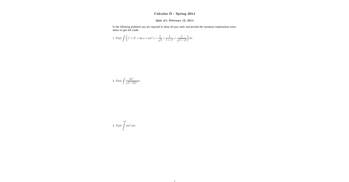 Calculus II 12 Spring 2014 Quiz1
