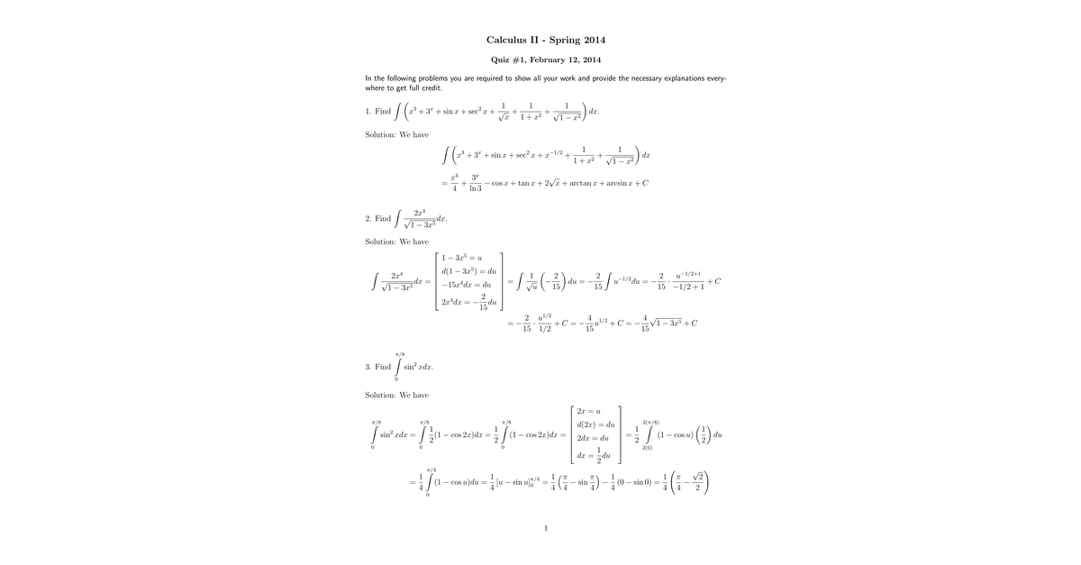 Calculus II 12 Spring 2014 Quiz1s