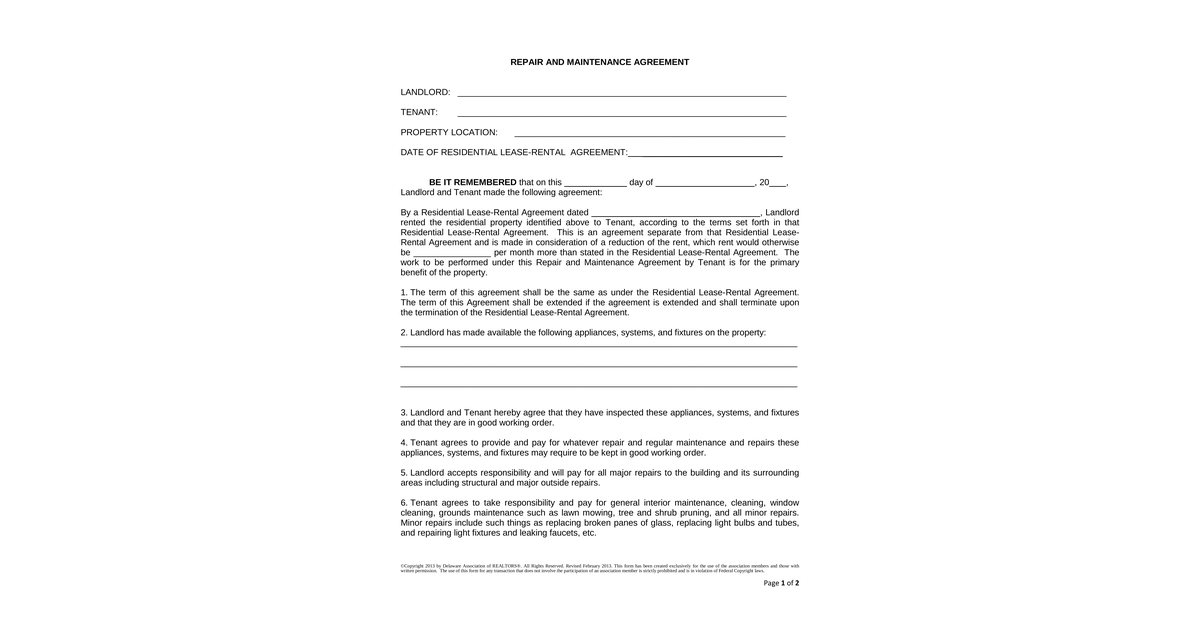 Repair And Maintenance Agreement 2 13 Final Fillable