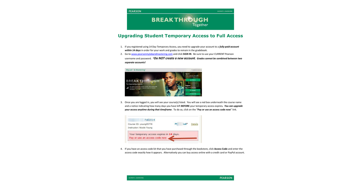 Pearson Mylab Upgrading Temp Access To Full Access