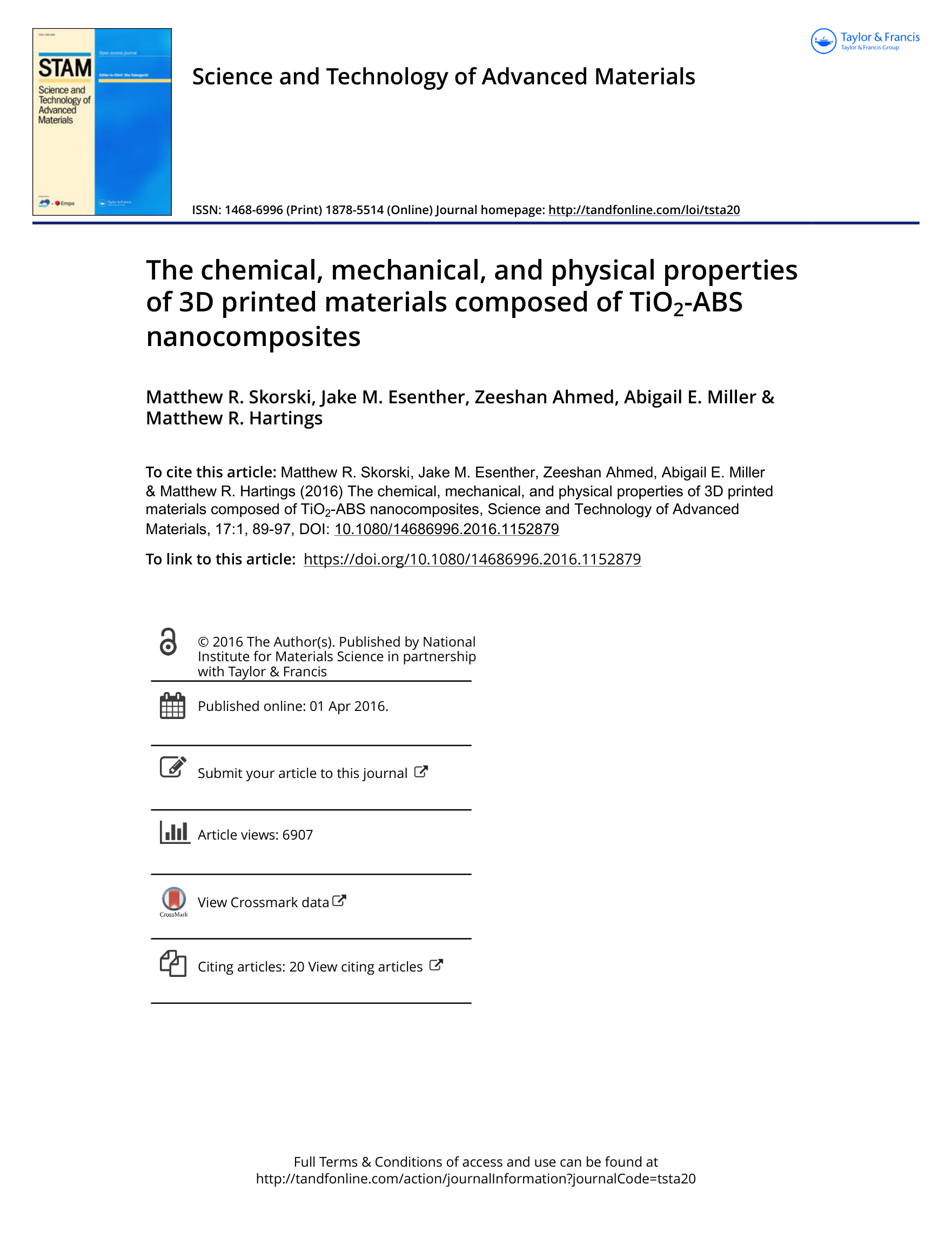 The chemical, mechanical, and physical properties of 3D printed materials composed of TiO2-ABS nanocomposites