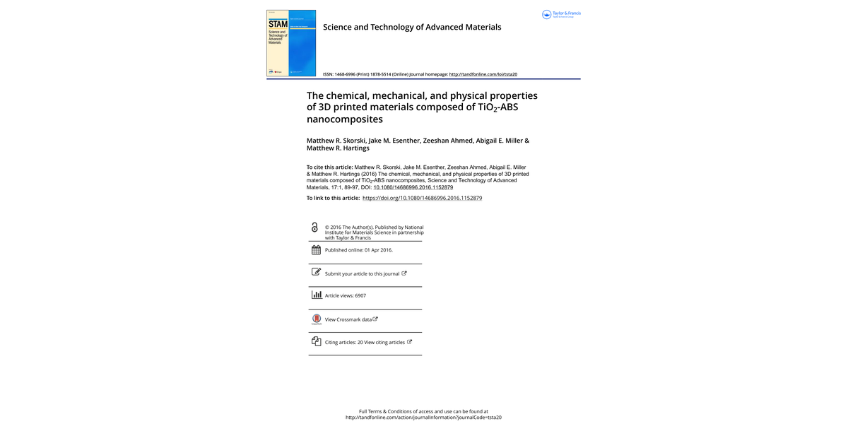 The Chemical Mechanical And Physical Properties Of 3D Printed Materials Composed Of TiO2 ABS Nanocomposites