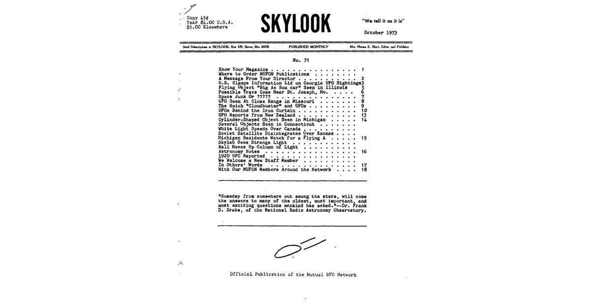 MUFON UFO Journal 1973 10. October Skylook