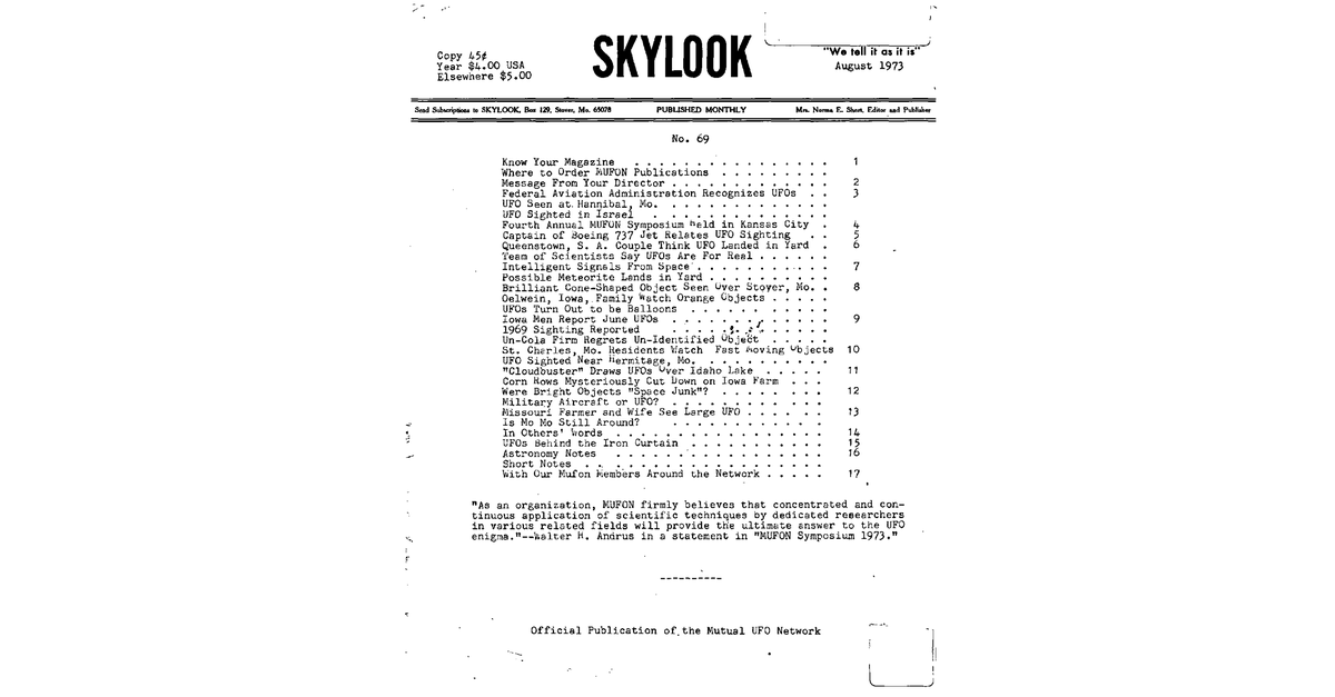 MUFON UFO Journal 1973 8. August Skylook