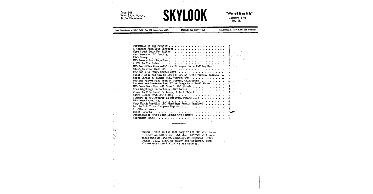 MUFON UFO Journal 1974 1. January Skylook